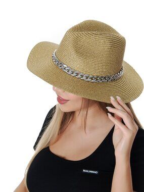 Gold Shimmering Straw Fedora Hat for Women Silver Chain Band NWT